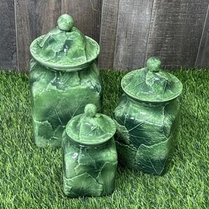 Vintage Green Leaf Canister Set Ceramic Kitchen Jars w/ Lids Set of 3